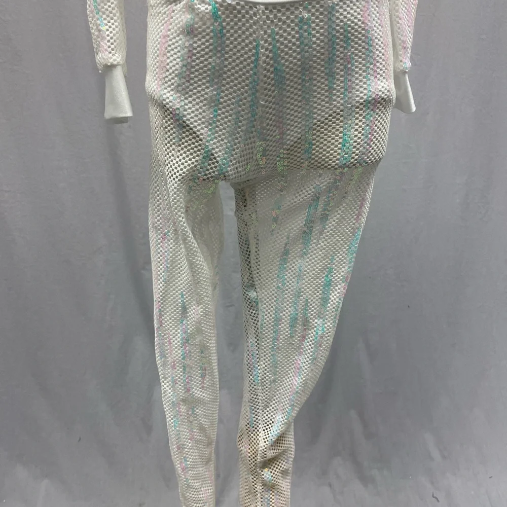 Dance costume white zip crop jacket leggings iridescent sequins size youth small